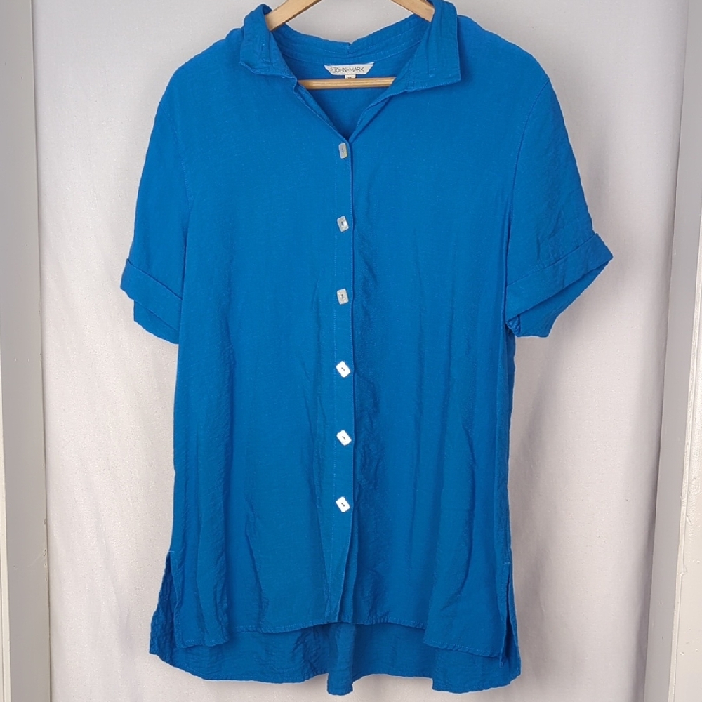 JOHN MARK Women's Blue Button Front Tunic Short Sleeve Top